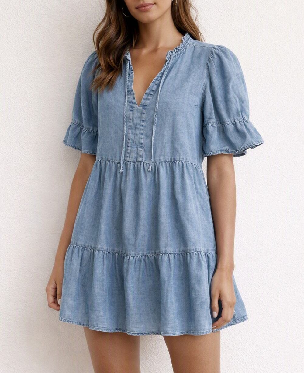 LOFT Chambray Short Ruffle Sleeve Tiered Mini Babydoll Dress Blue Medium